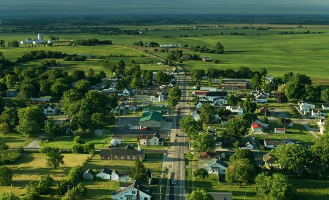 This view of Mount Sterling, Ohio, and surrounding farmland provide the stereotypical view of rural America.