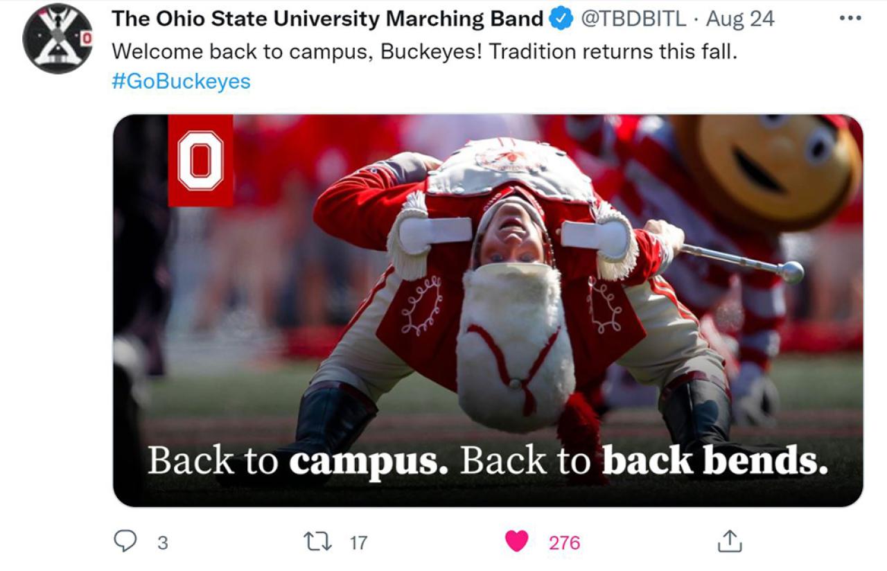 The Ohio State University marching band drum major bending backwards in a social media post