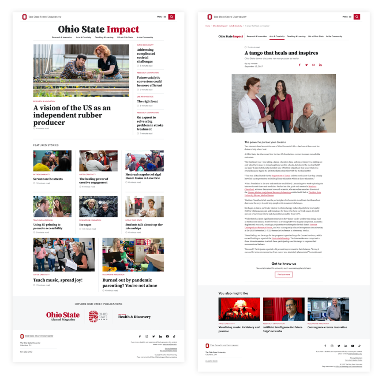 Screenshots of Ohio State Impact and story webpages.