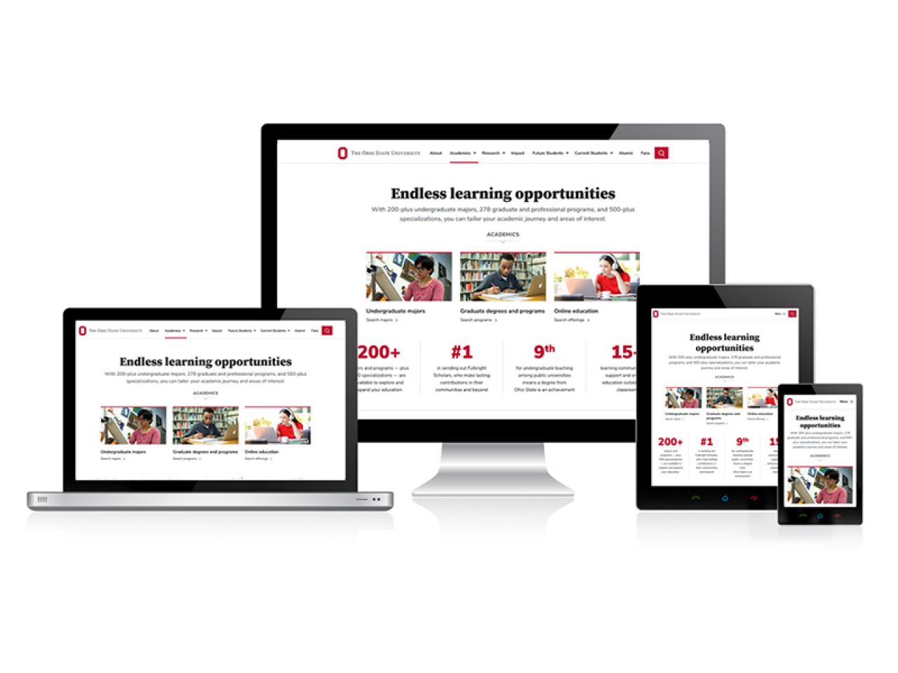 Set of screens from laptop to phone showcasing the OSU homepage