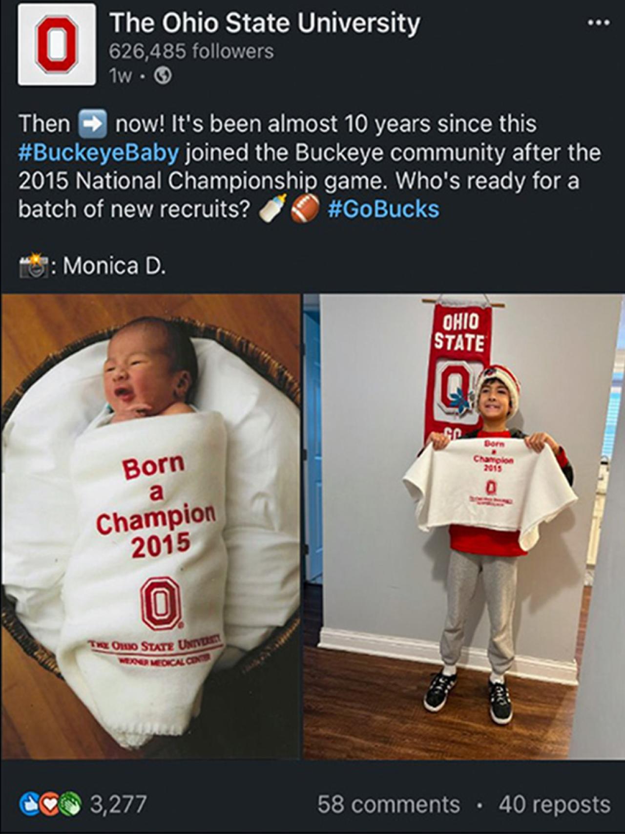 Social post that says It's been almost 10 years since this #BuckeyeBaby joined the Buckeye community after the 2015 National Championship game. Who's ready for a batch of new recruits?