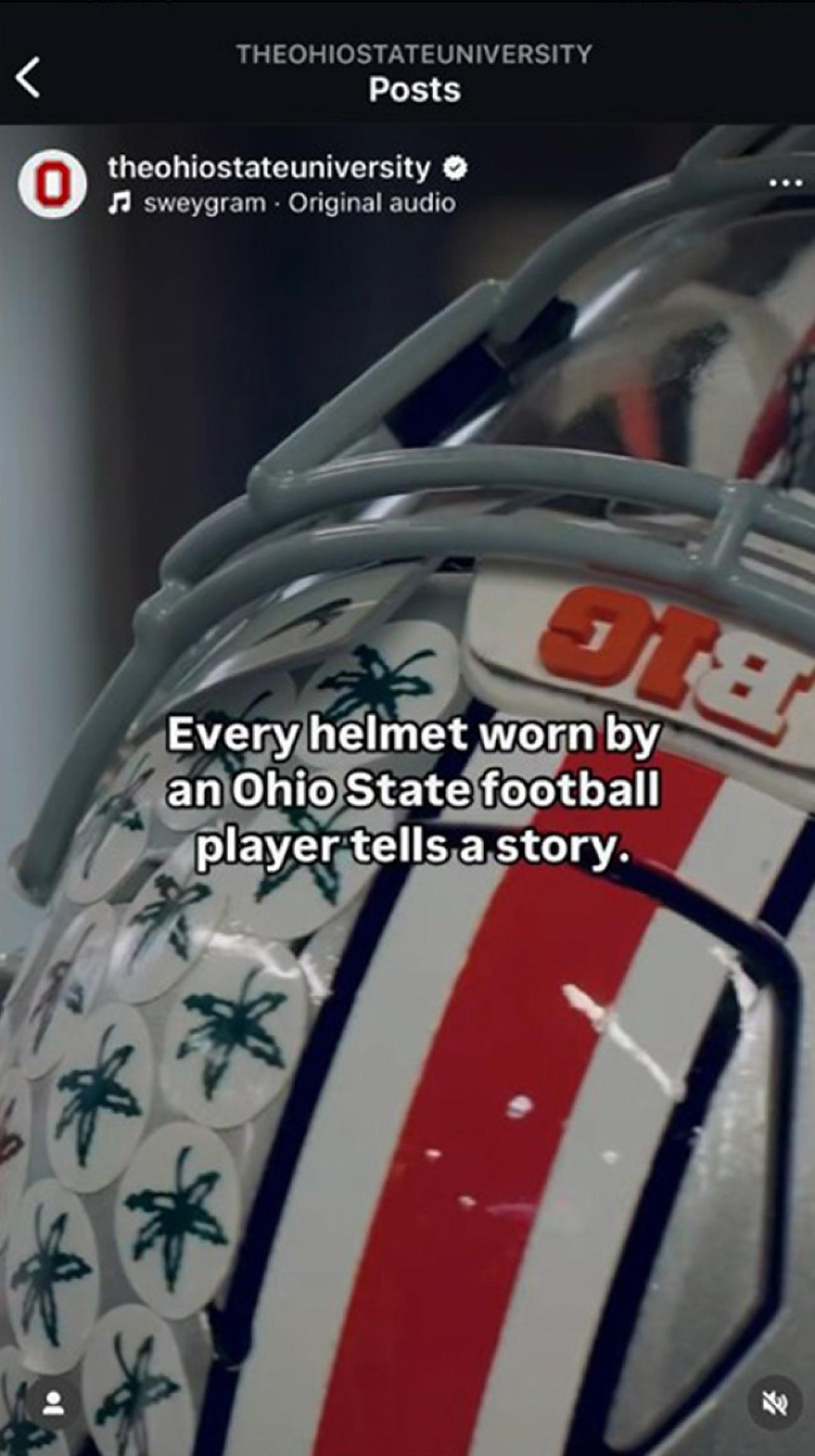 Social post that says Every helmet worn by an Ohio State football player tells a story.