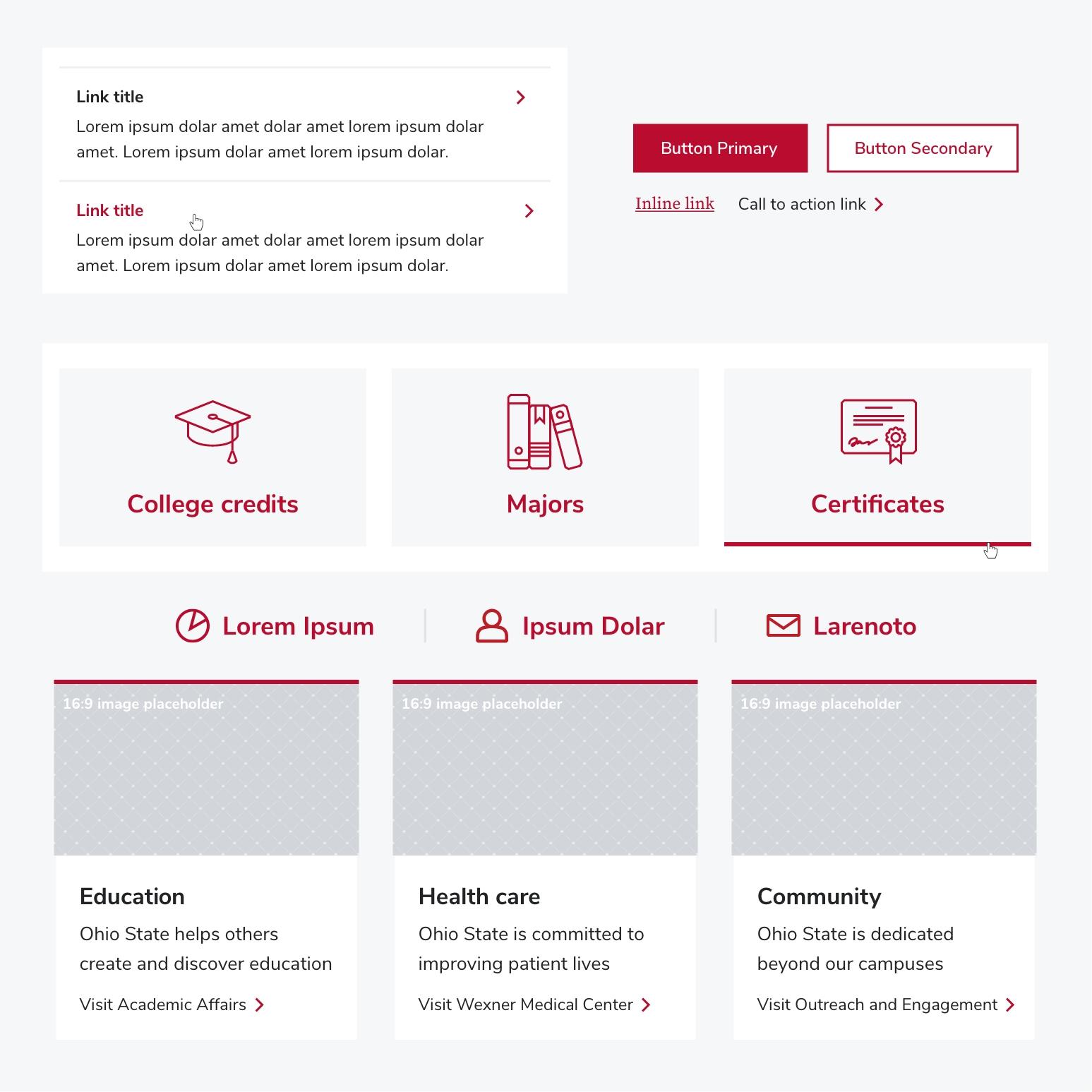 BUX components of buttons, links, cards, CTA collections and tiles