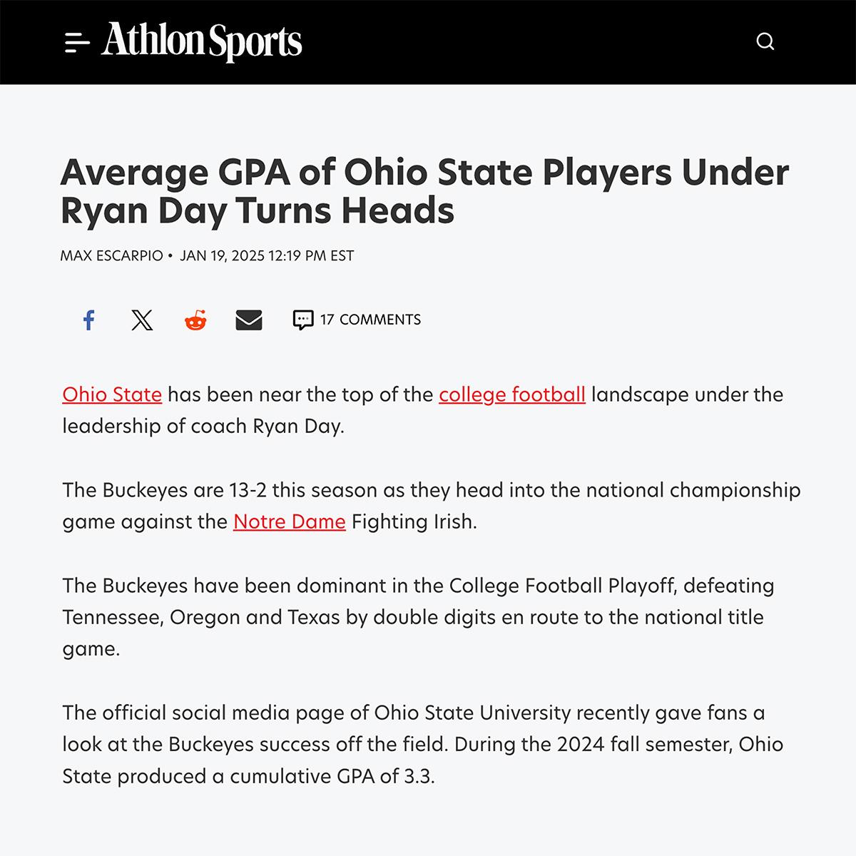 Screenshot of article on Athlon Sports site