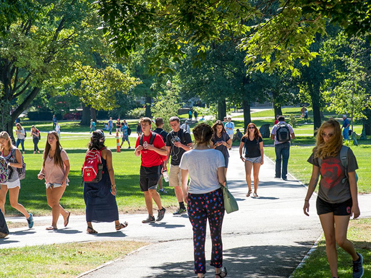 Students walking across the oval as they return to campus for fall semester