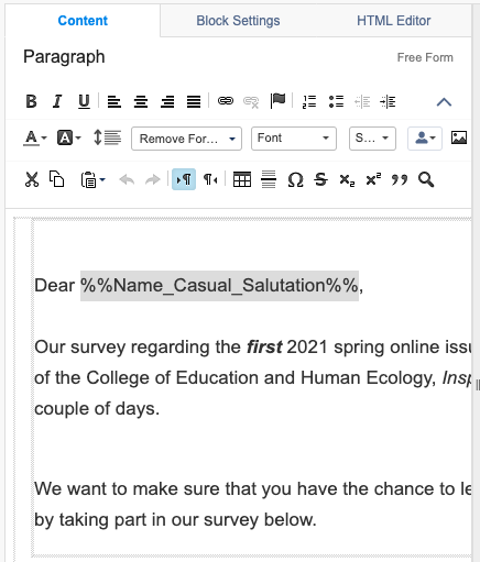 Screenshot of email personalization screen in email editing tool