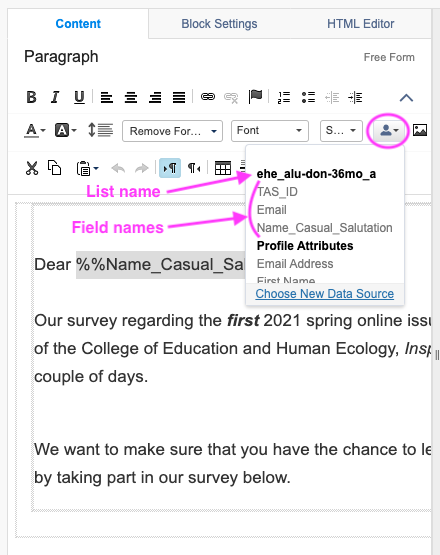 Screenshot of email personalization screen showing icons and the List Names and Field Names to choose
