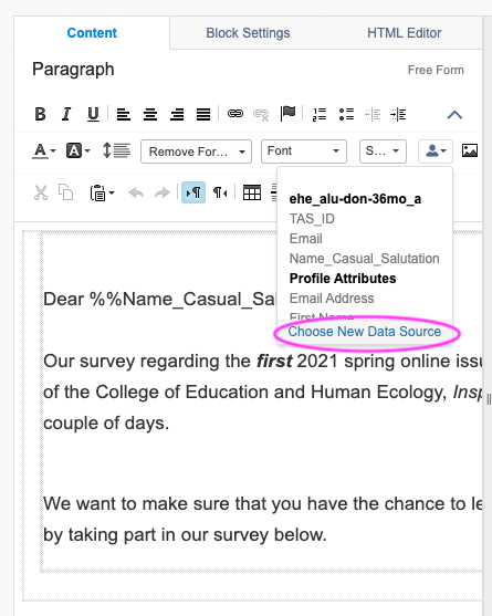 Screenshot of email personalization screen highlighting choosing new data source