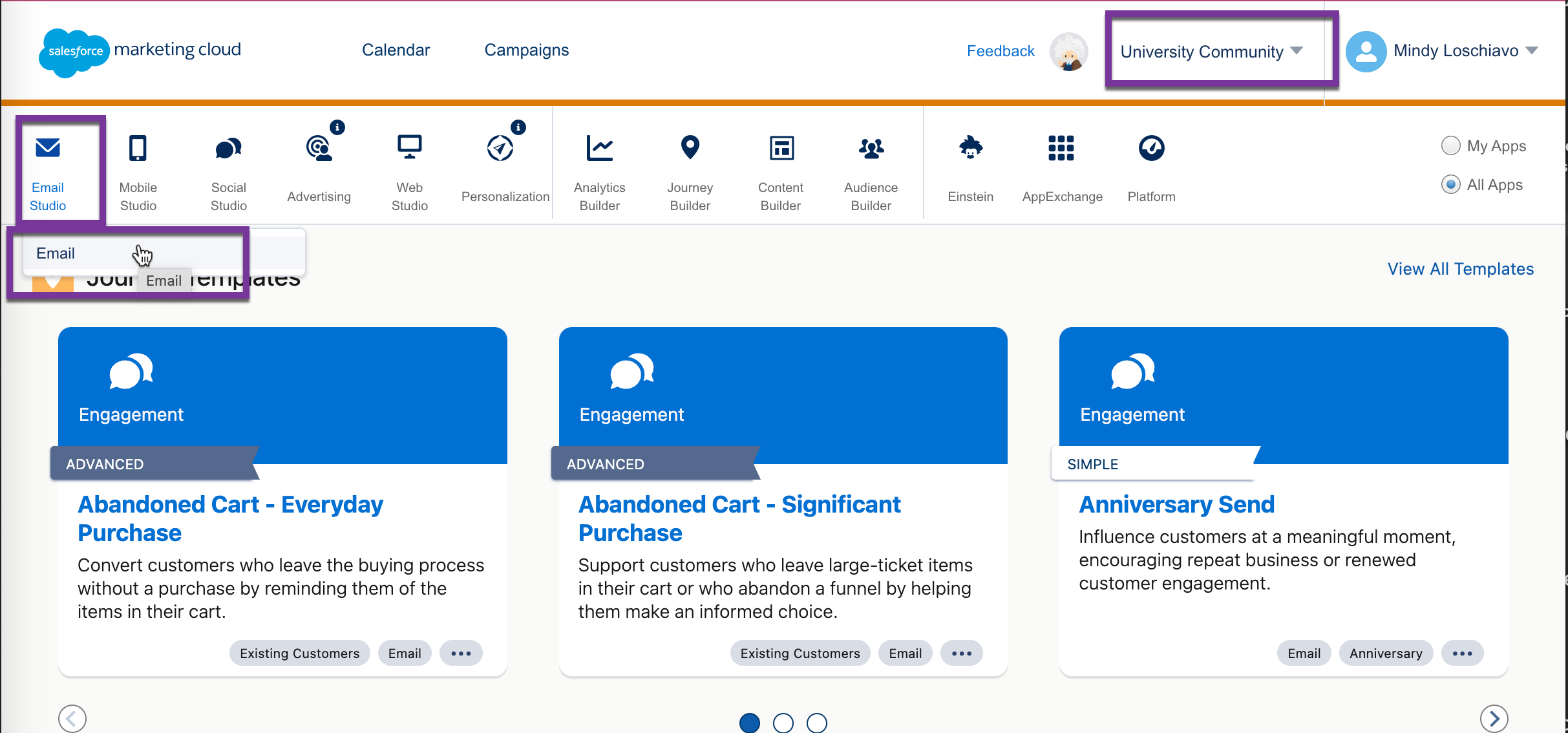 SFMC dashboard with Business Unit name and Email Builder highlights with purple boxes