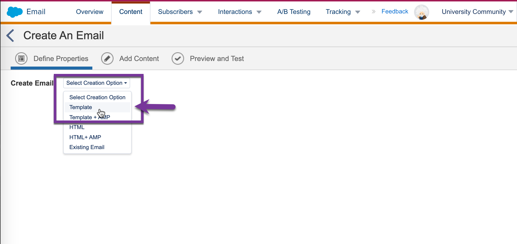 Create An Email interface with a "Select Creation Option" drop down. Select "Template"