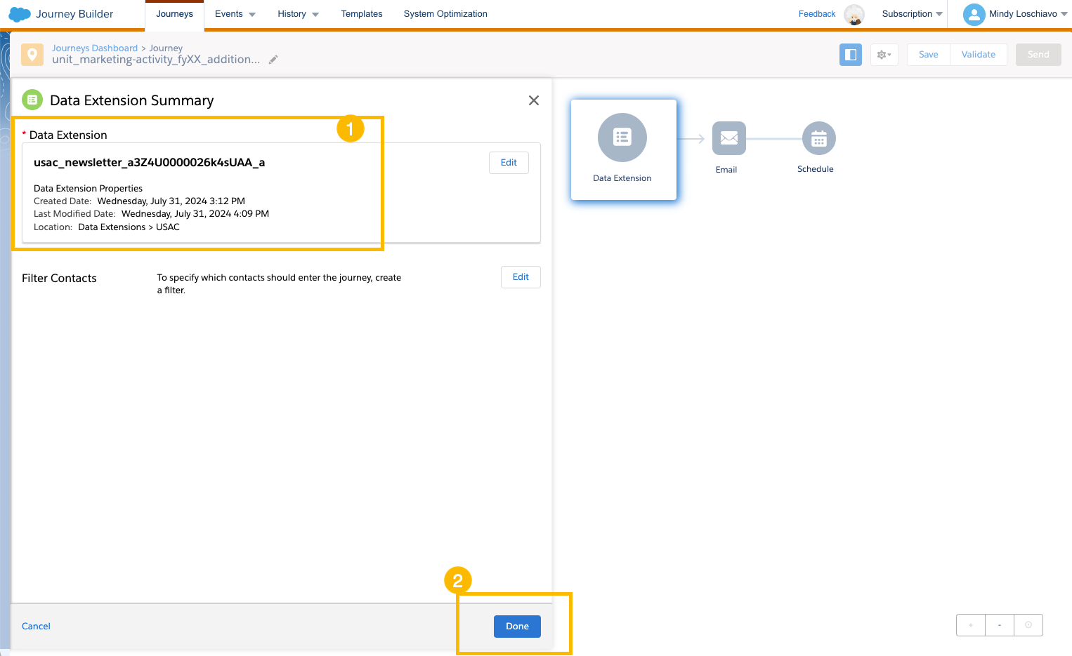 Window with folders for each unit and data extensions available. Noting an alert may appear if this isn't the first time this DE is being used to send.