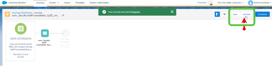 Select validate button before activating the journey