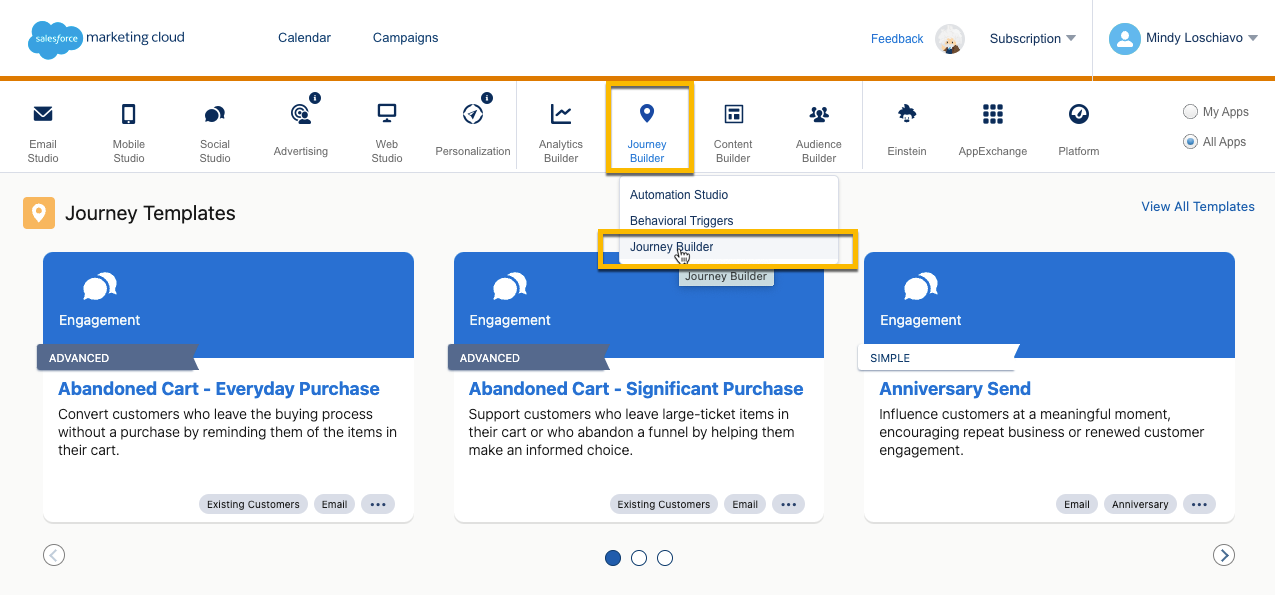 The SFMC homescreen with Journey Builder highlighted in a yellow box