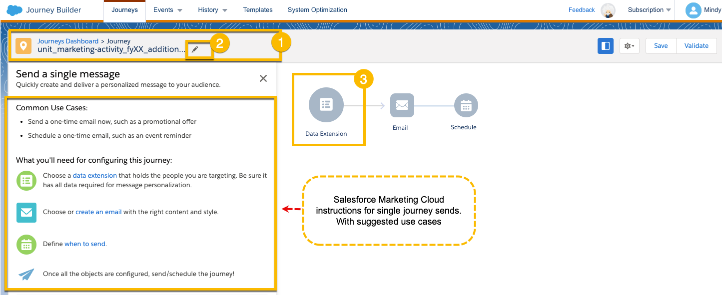 Highlighting where to name the journey and to select the Data Extension icon