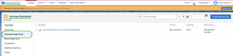 Select the Scheduled Single Sends option in the Journeys Dashboard