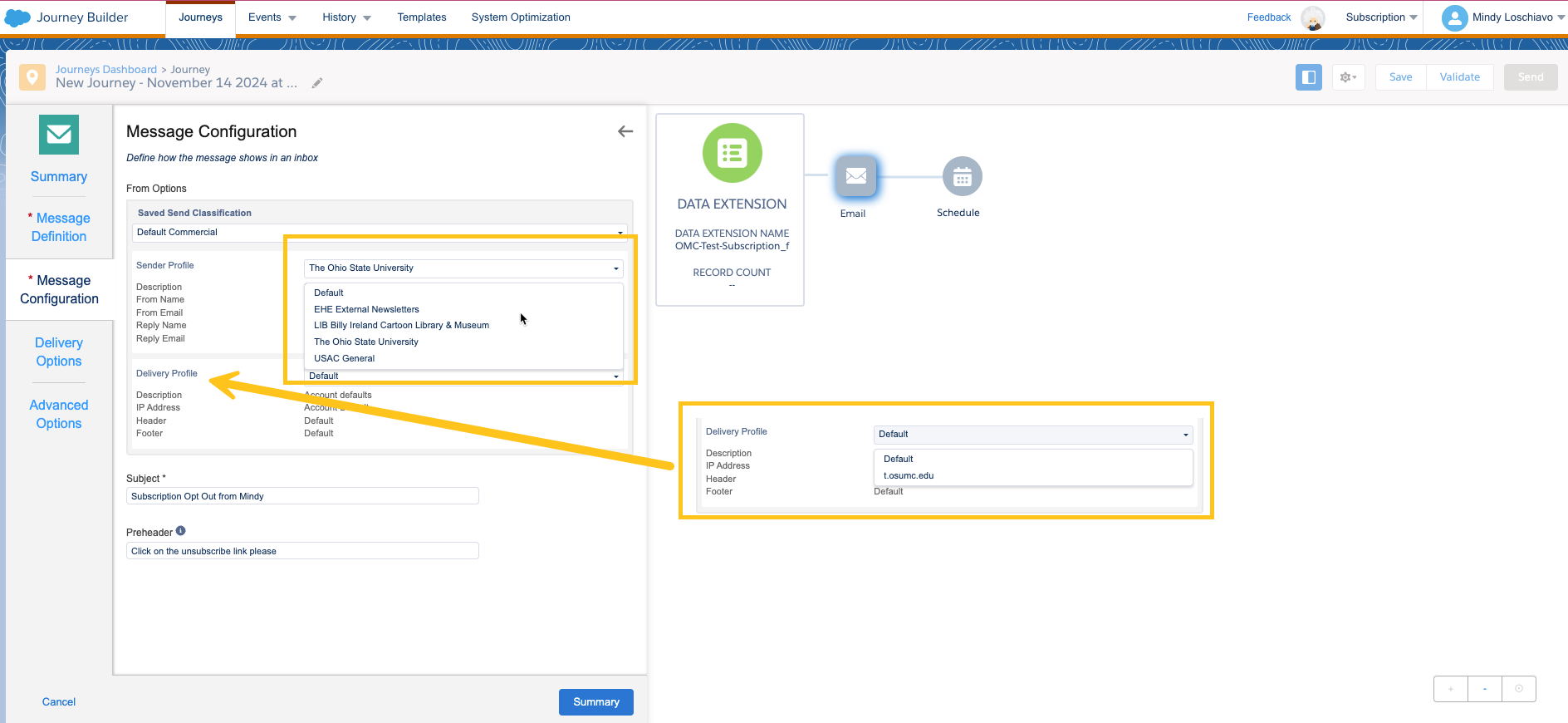 SFMC Journeys message configuration options - sender profile and delivery profiles