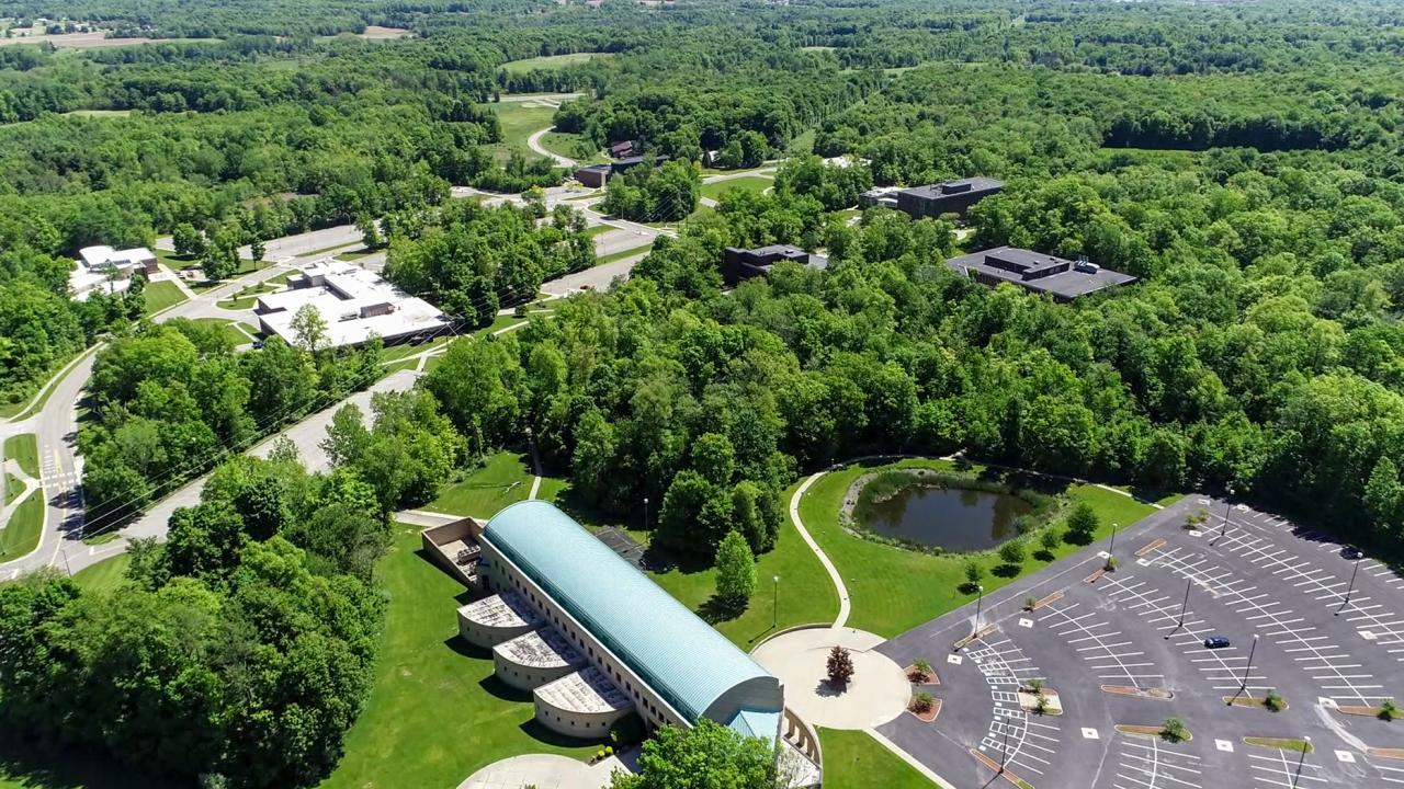 Aerial view of the Ohio State University Mansfield campus from drone footage