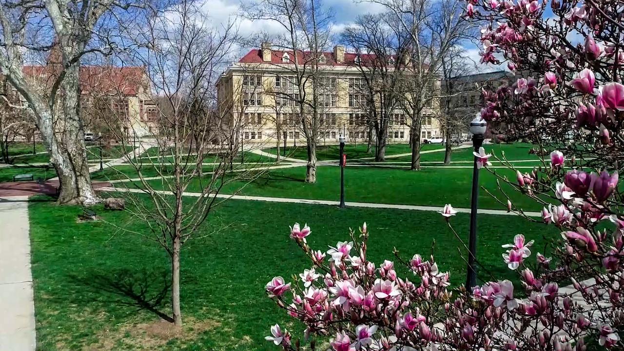 View of the Ohio State University campus in spring from drone footage