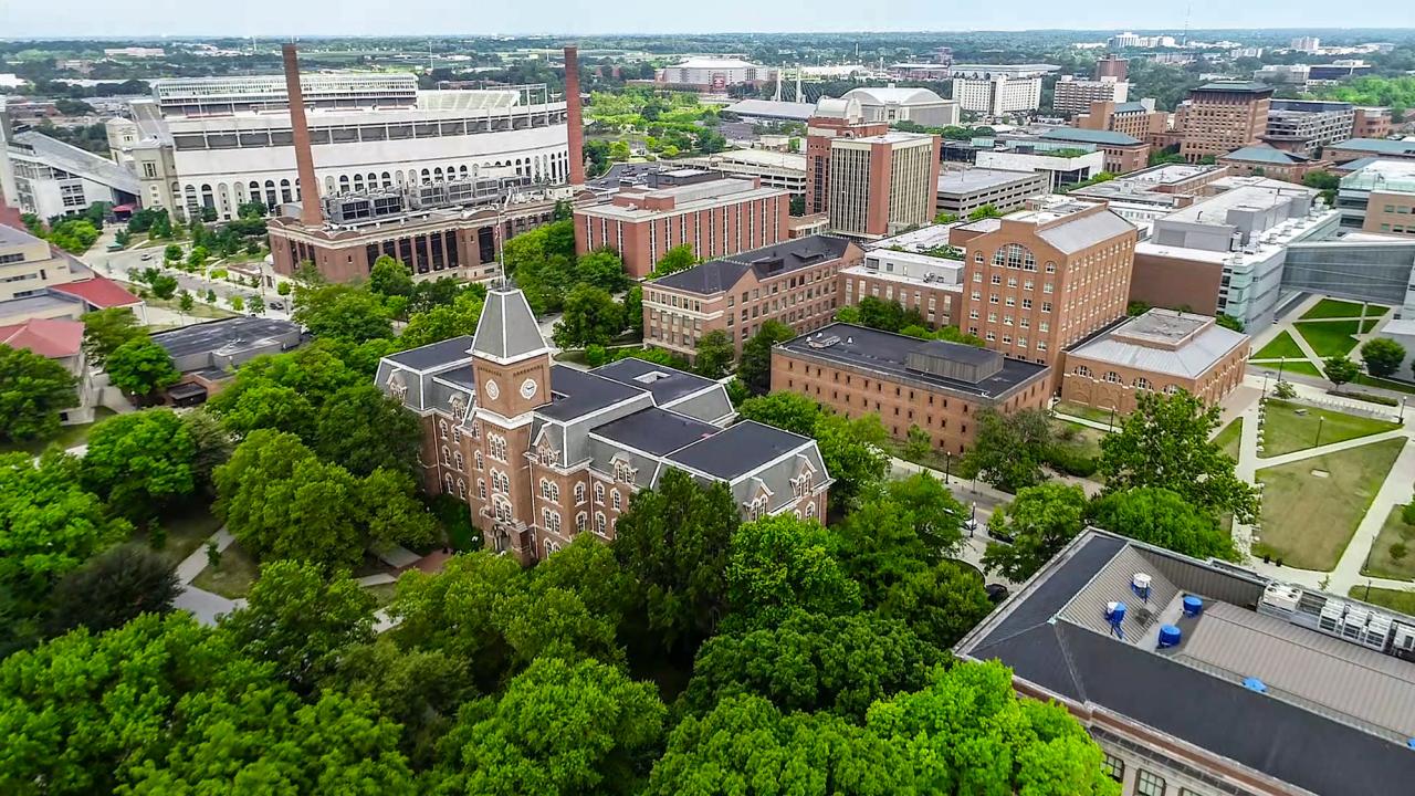 Aerial view of The Ohio State University Campus in summer from drone footage
