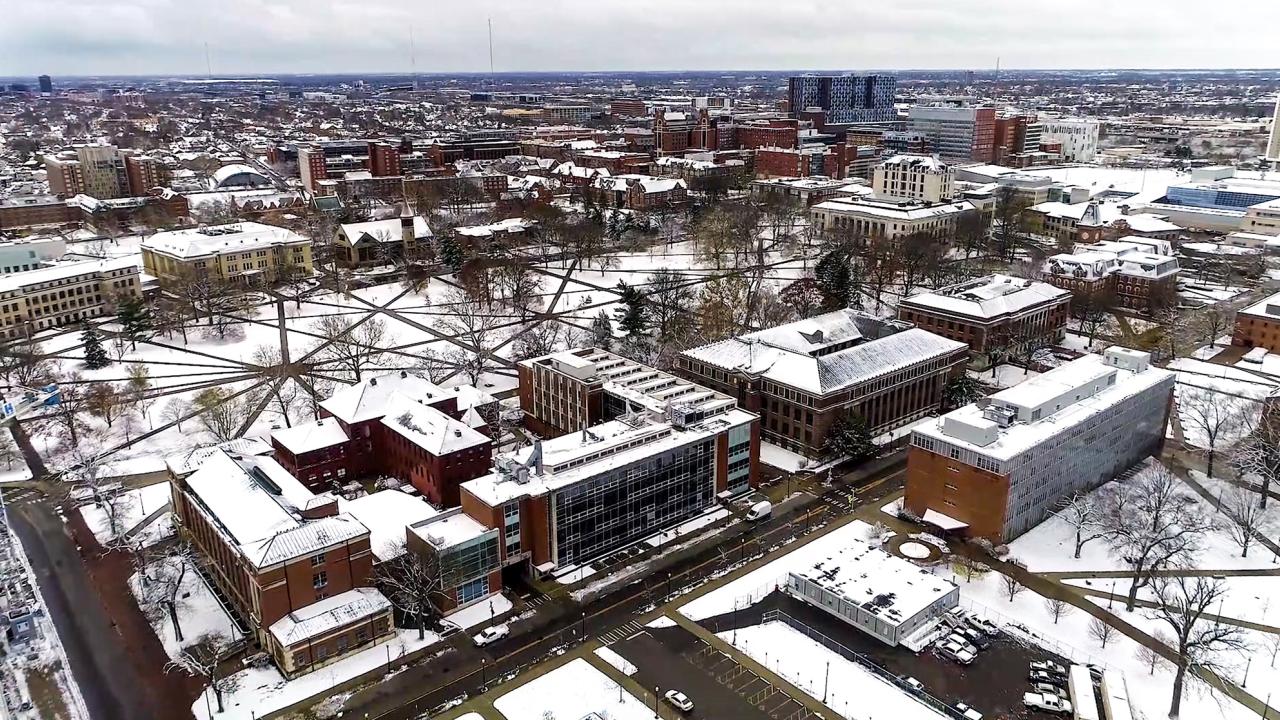 Aerial view of the Ohio State University in Winter from drone footage