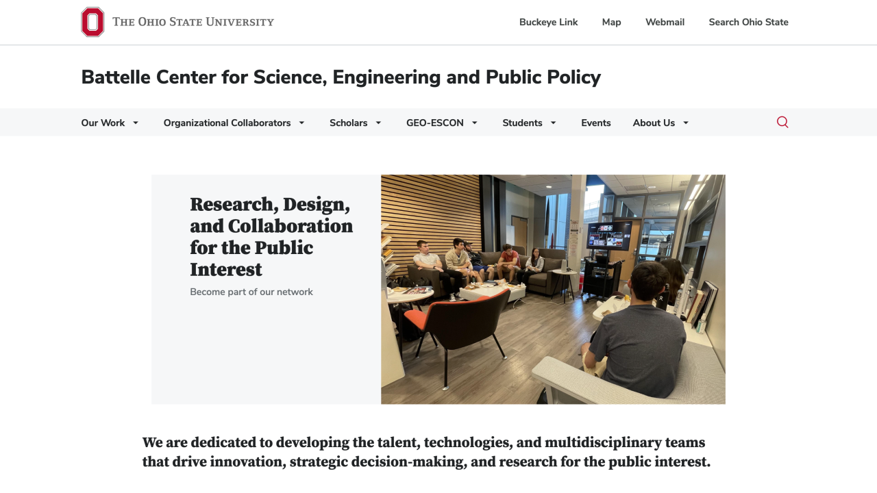 Screenshot of homepage of Battelle Center