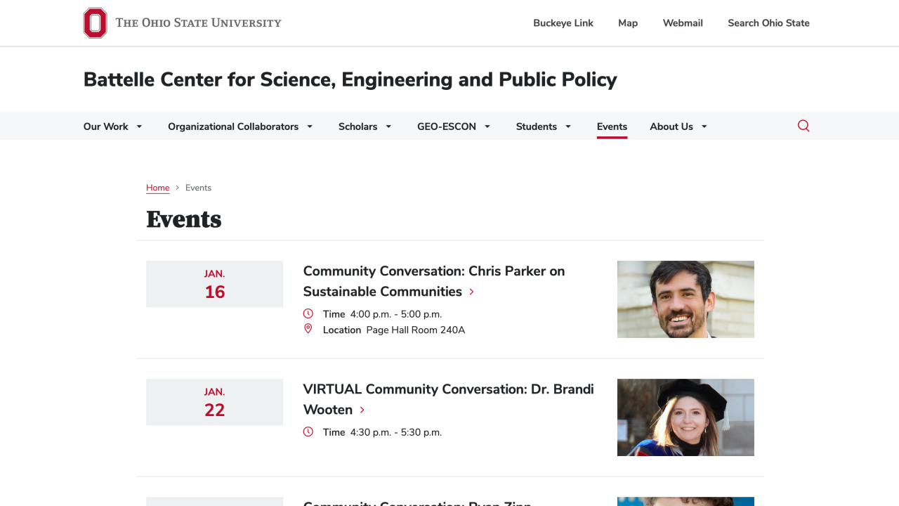 Events page of the Battelle Center website
