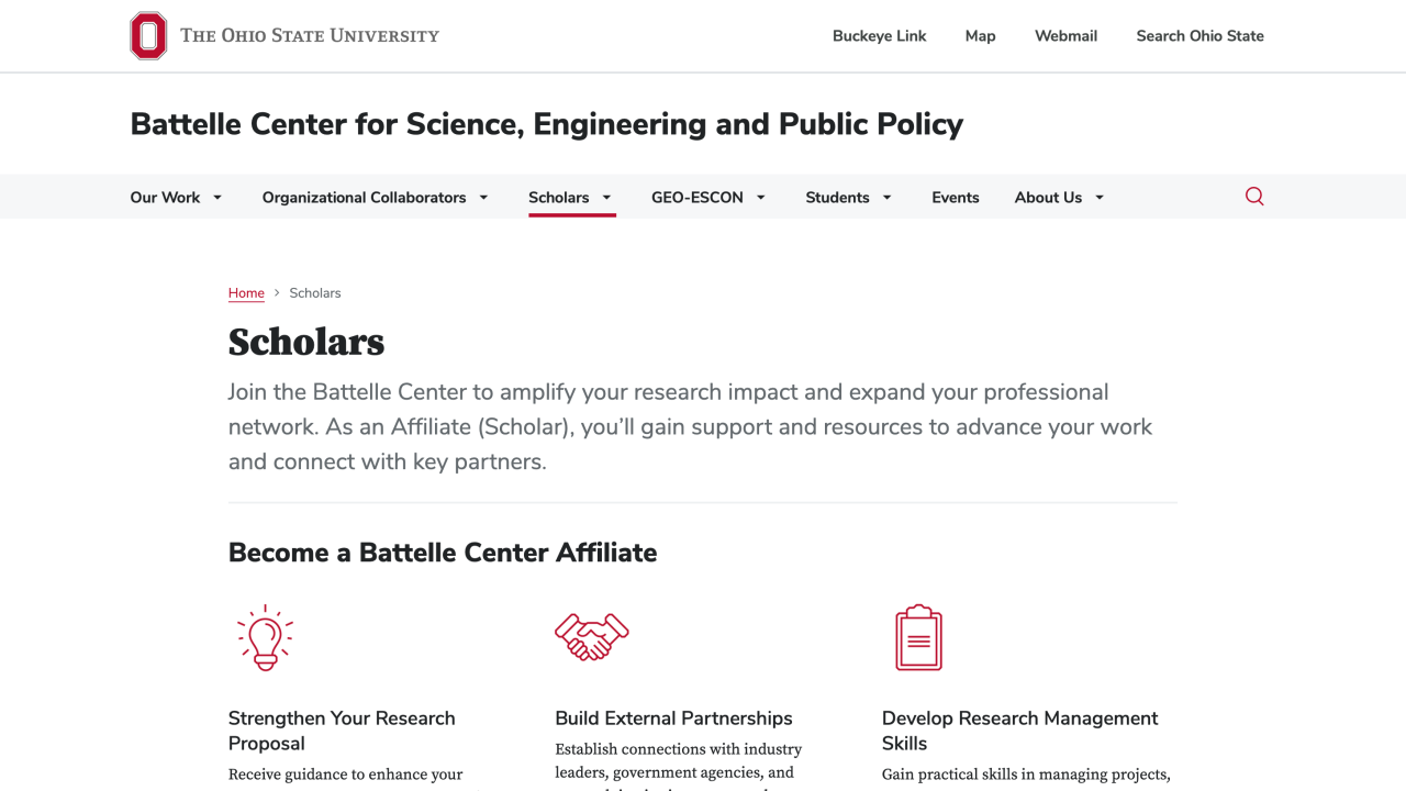 Scholars page of the Battelle Center website