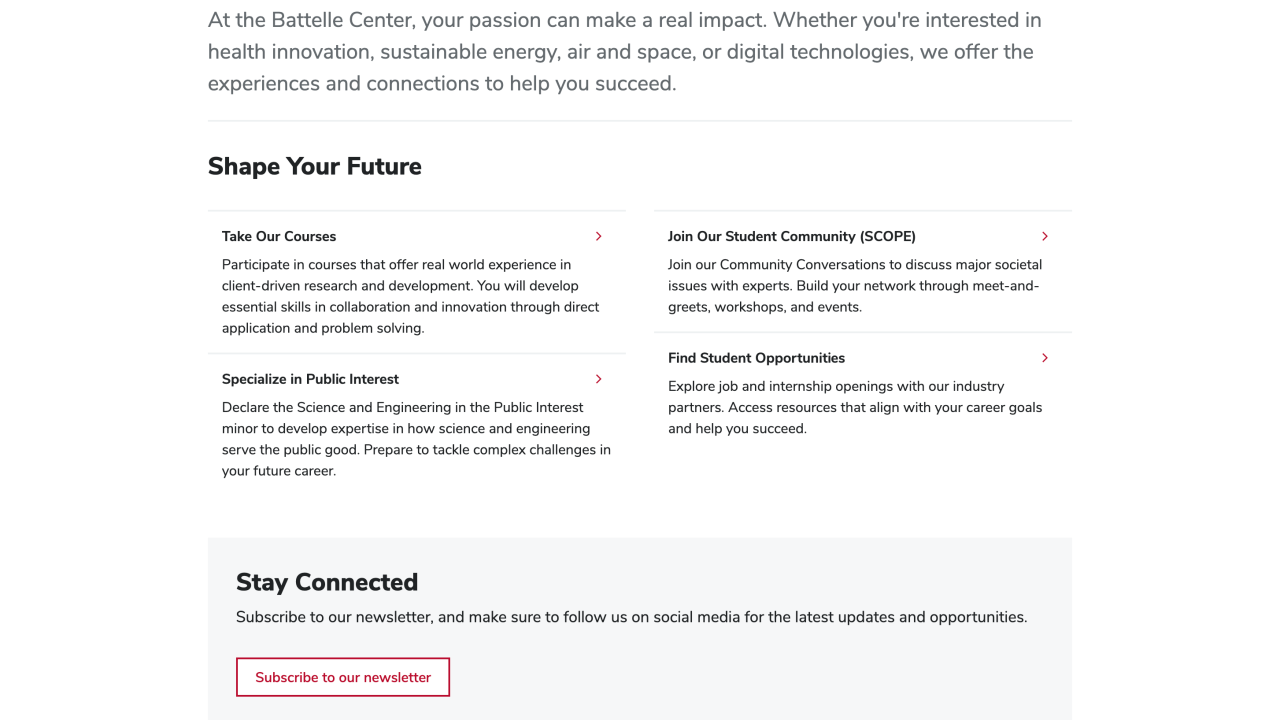 Students page of Battelle Center website