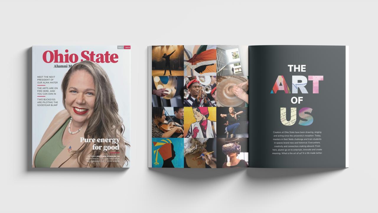 Cover and interior spread of the Art of Us section of the Alumni Magazine