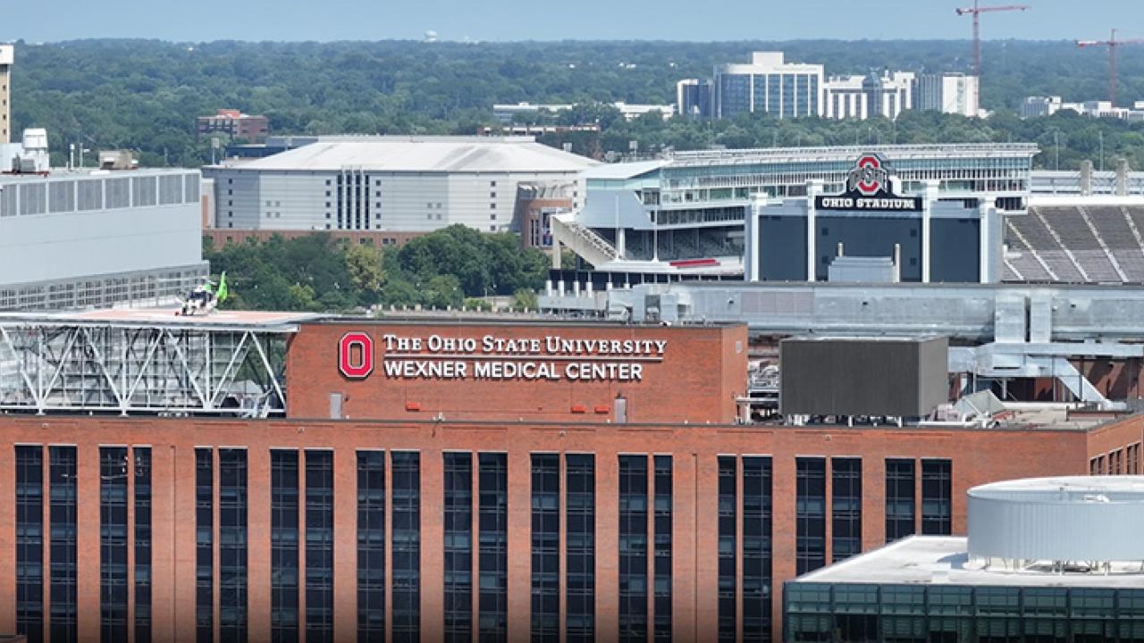 A view of the Wexner Medical Center University Hospital towards Ohio Stadium