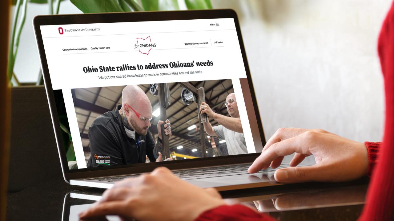 Woman in red sweater using laptop showing For Ohioans webpage